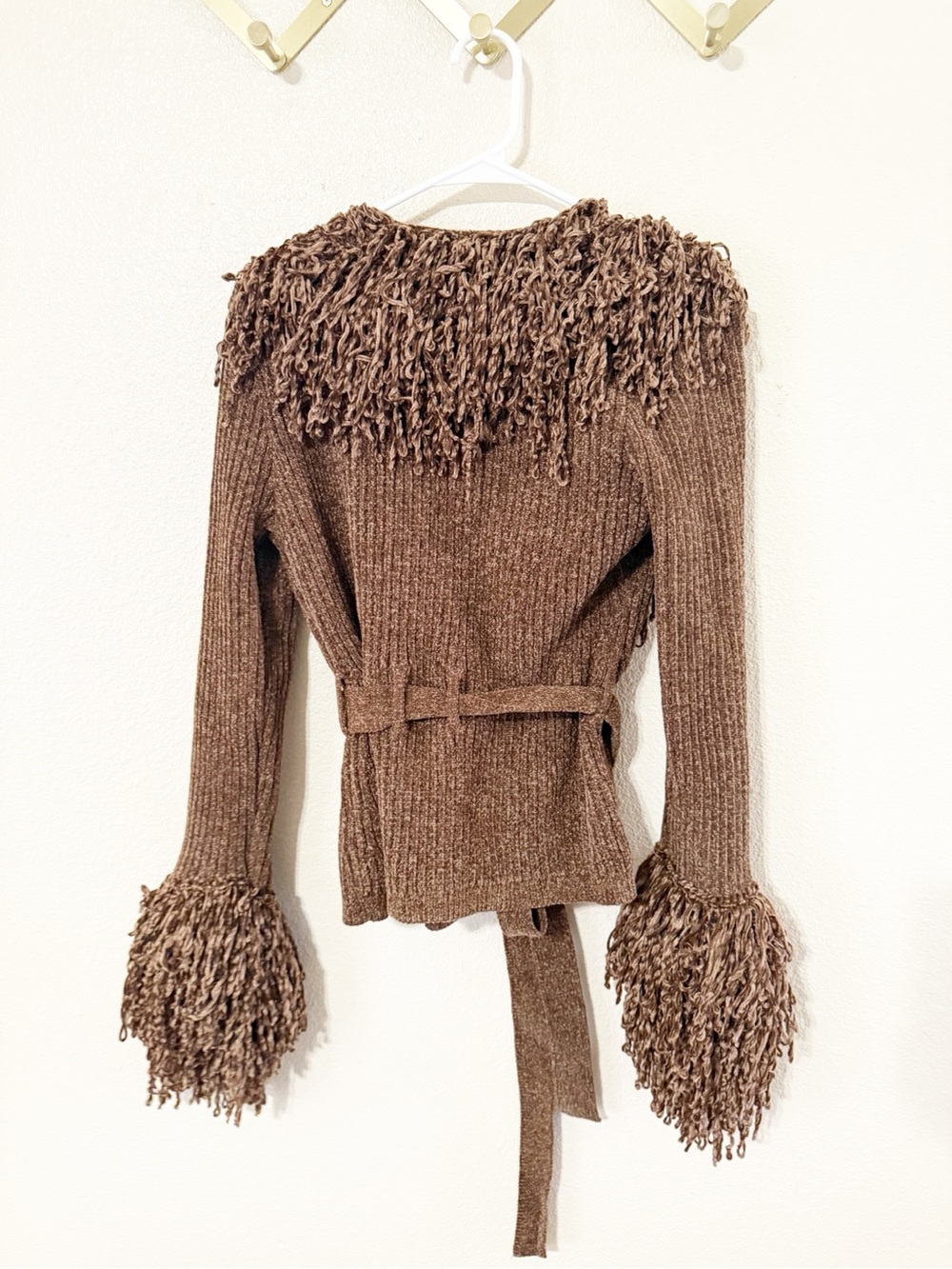 Naked Wardrobe Knit Fringe V-Neck Cardigan Brown Chenille Wrap Size Large - Picture 10 of 13